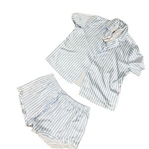 NWT Hotouch Blue/White 2 piece short sleeve Striped Pajama Set ruffle trim large